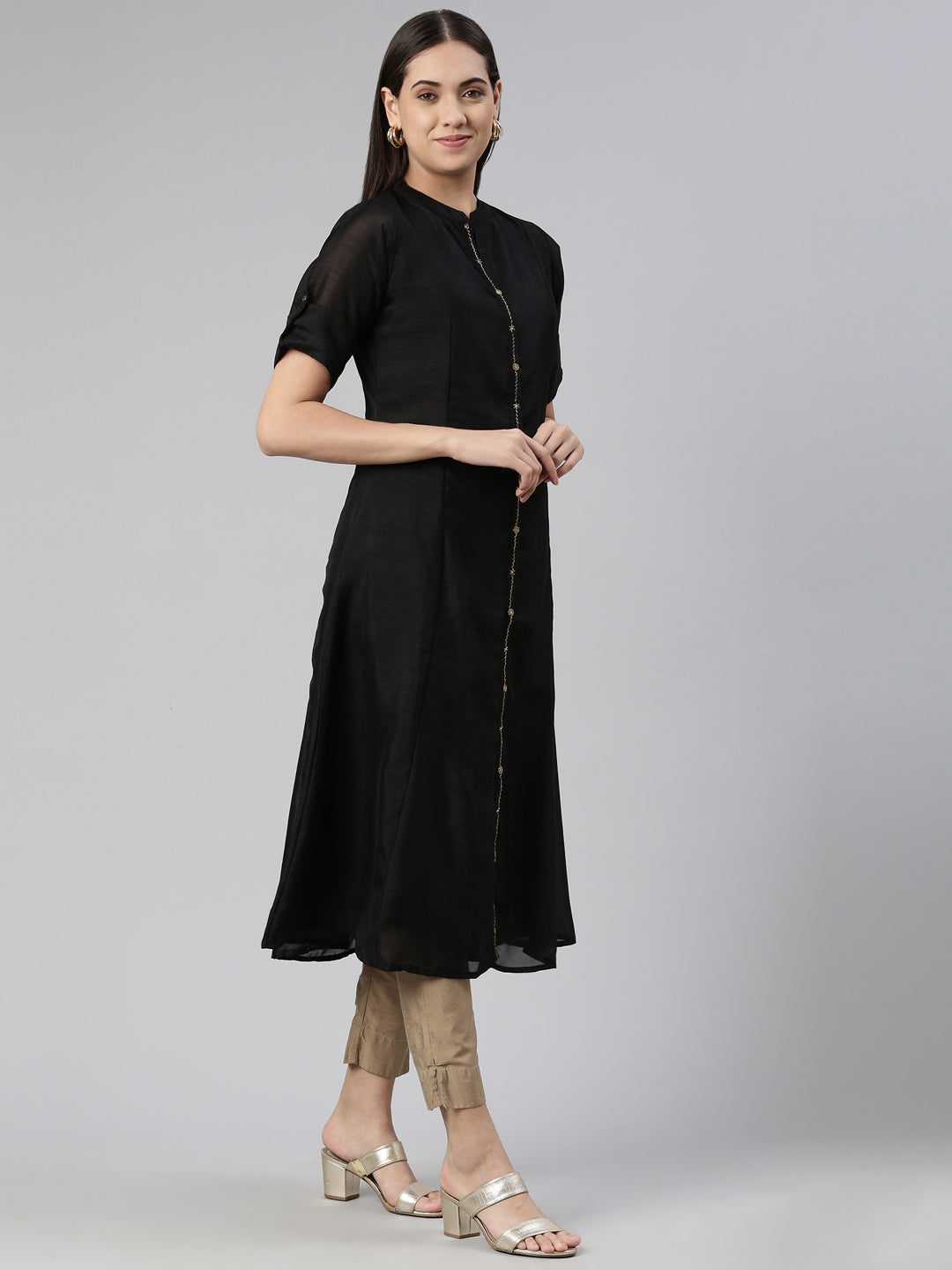 Neerus Black crepe embellished A-line kurta - back view