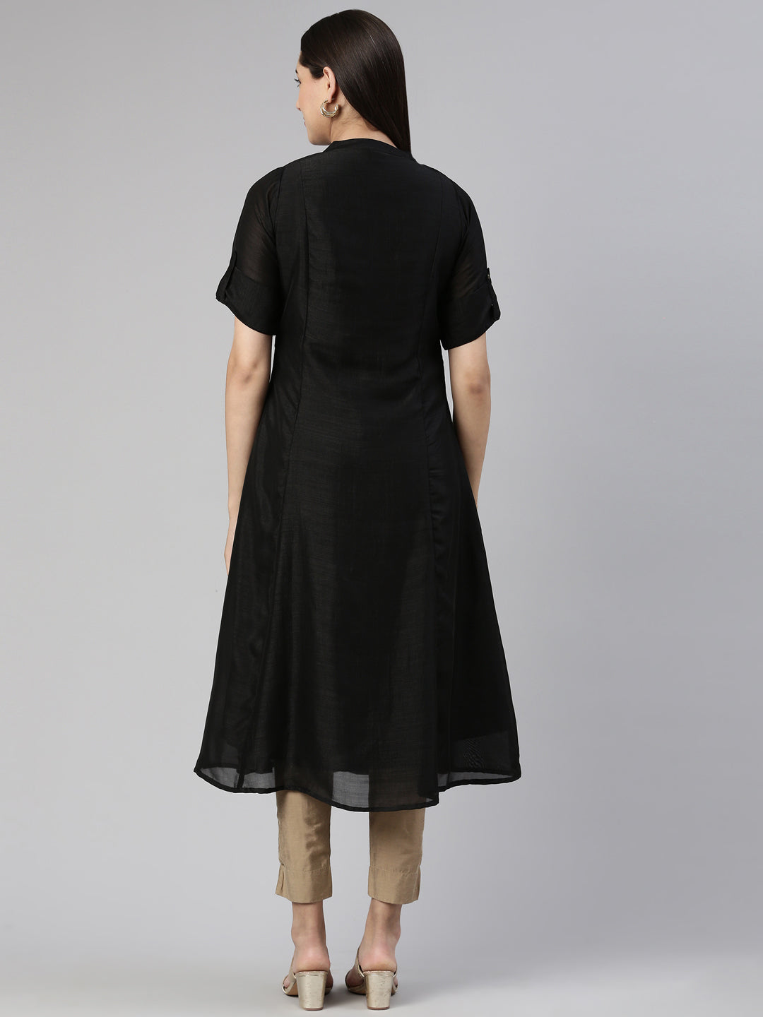 Neerus Black crepe embellished A-line kurta - side view