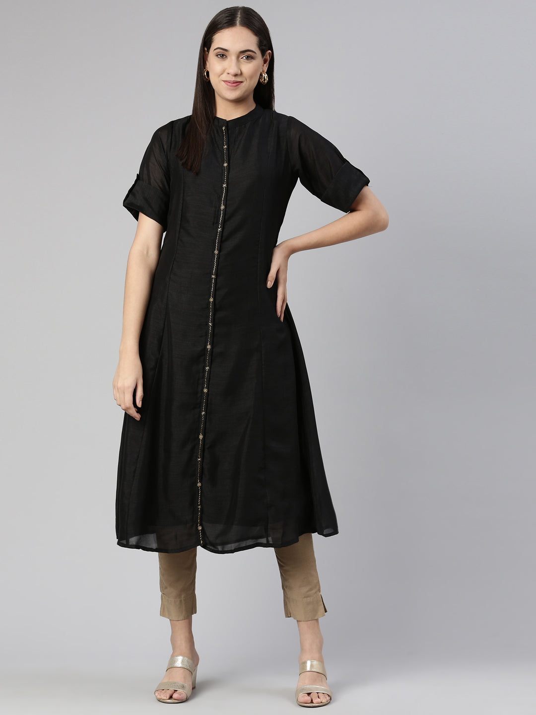 Neerus Black crepe embellished A-line kurta - detail view 4