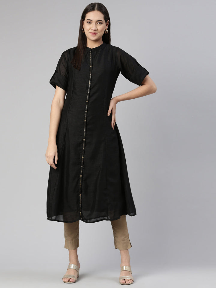Neerus Black crepe embellished A-line kurta - detail view 4