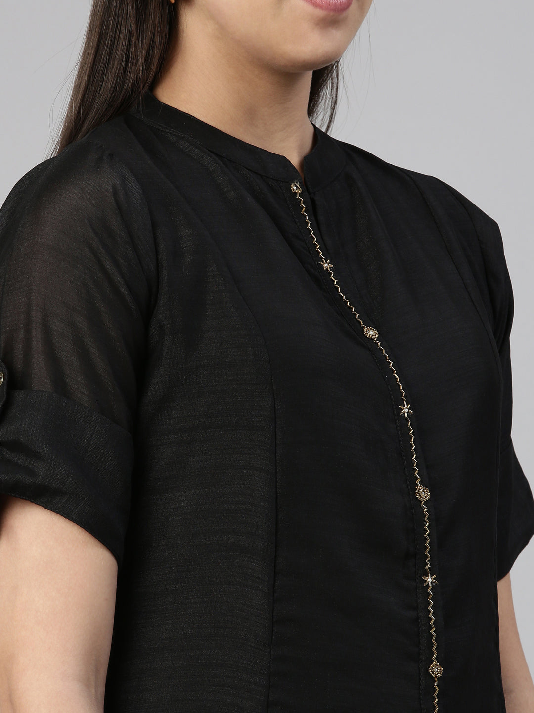 Neerus Black crepe embellished A-line kurta - detail view 1