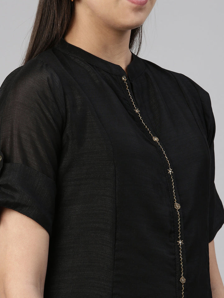 Neerus Black crepe embellished A-line kurta - detail view 1