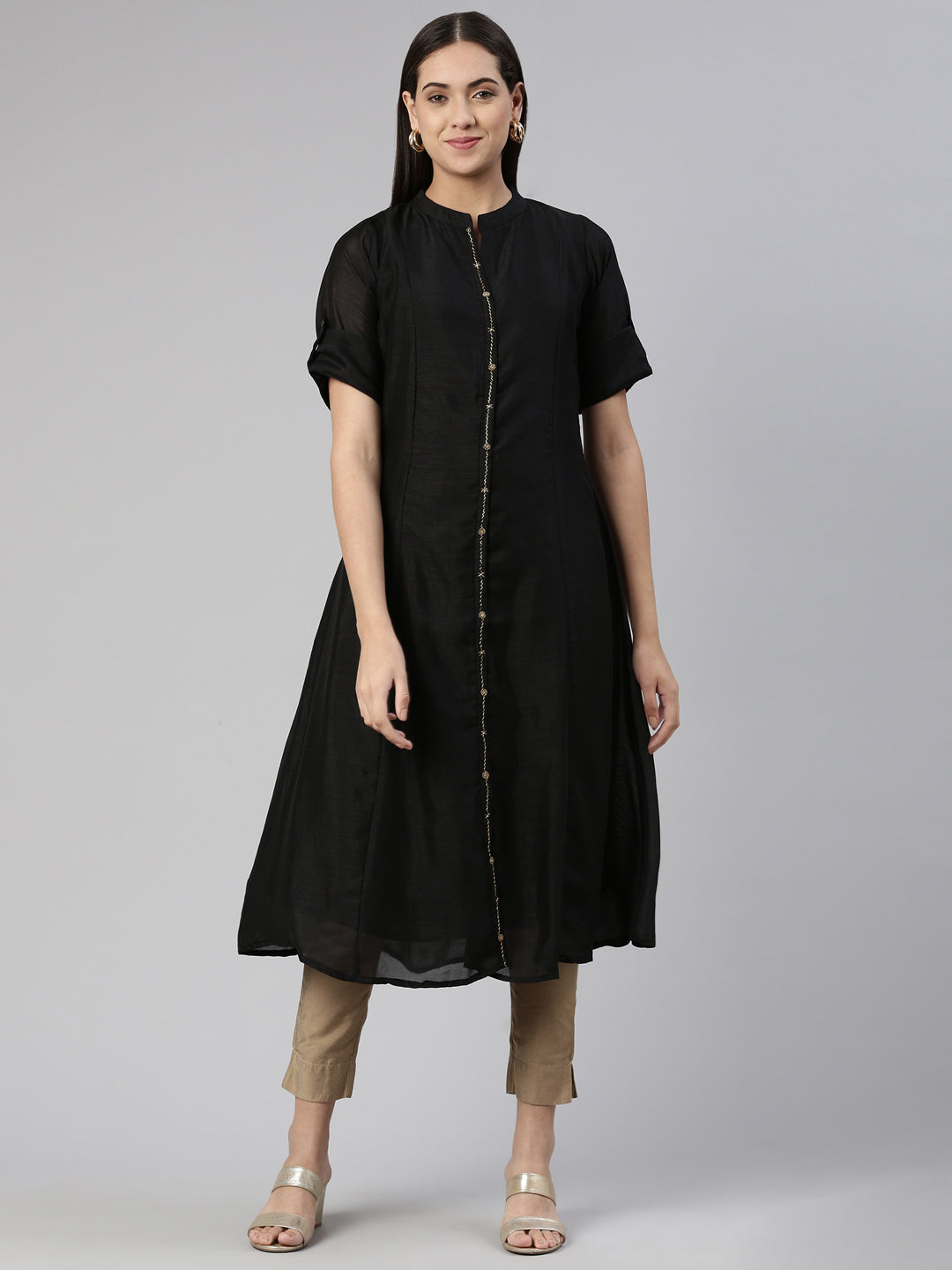 Neerus Black crepe embellished A-line kurta - front view