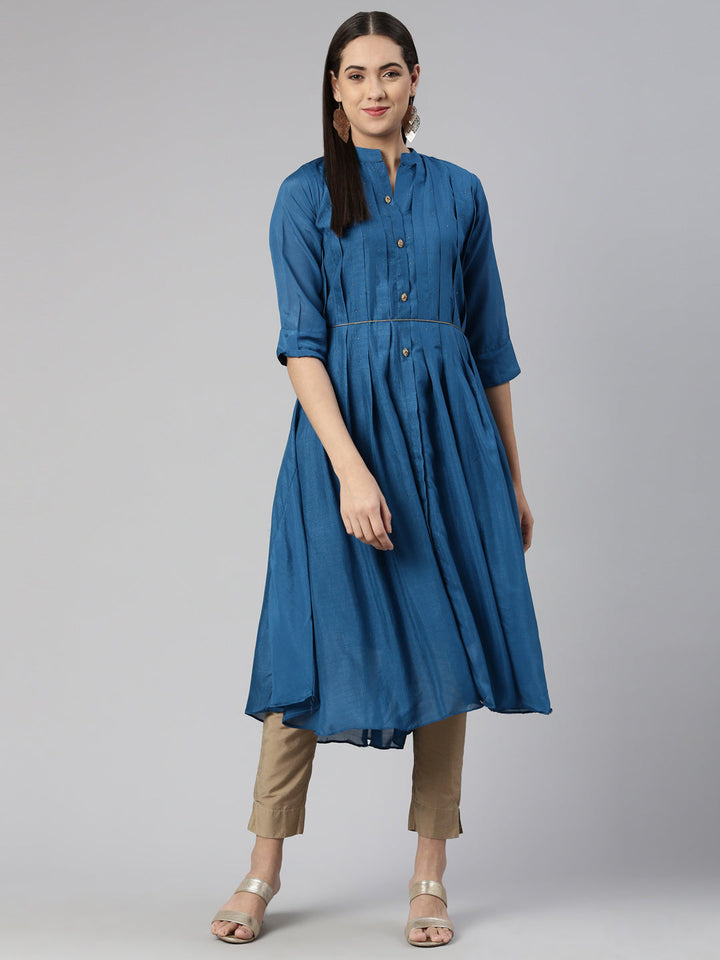Neerus Blue printed anarkali kurta - front view