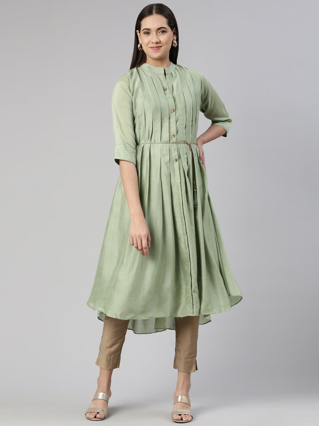 Neerus Green viscose printed anarkali kurta - front view