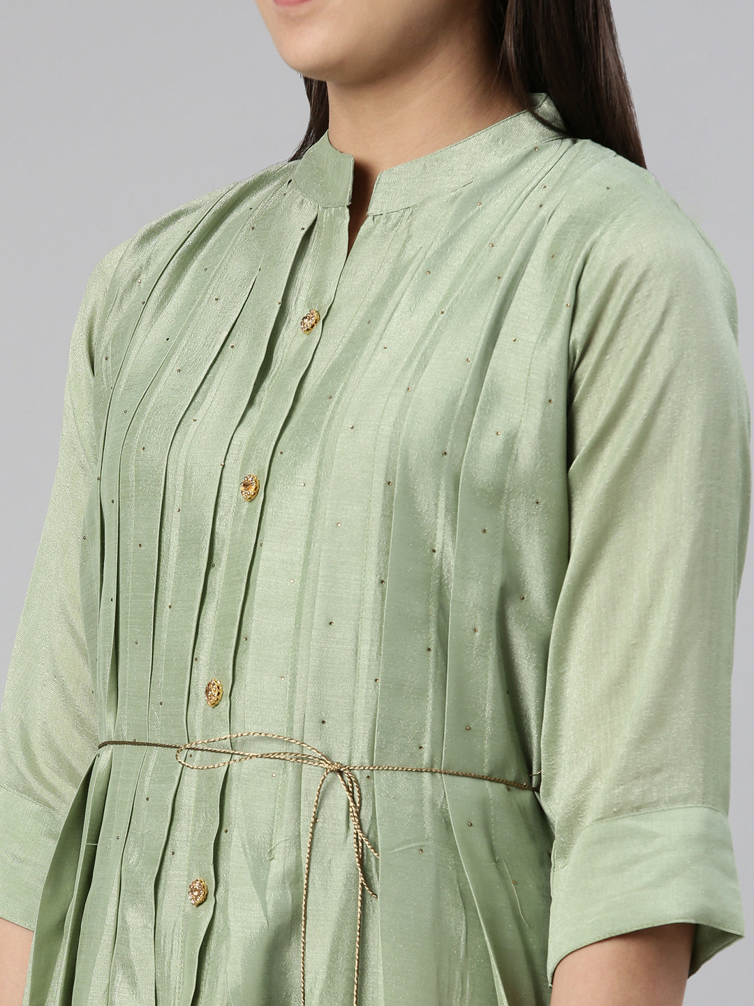 Neerus Green viscose printed anarkali kurta - detail view 1