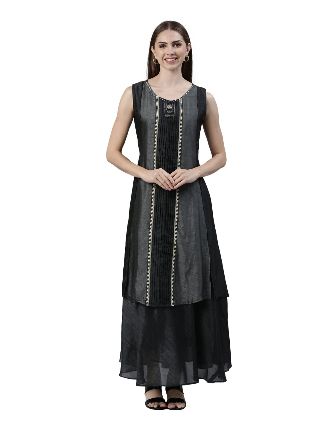 Neerus Crepe thread embroidered panelled A-Line kurta - front view