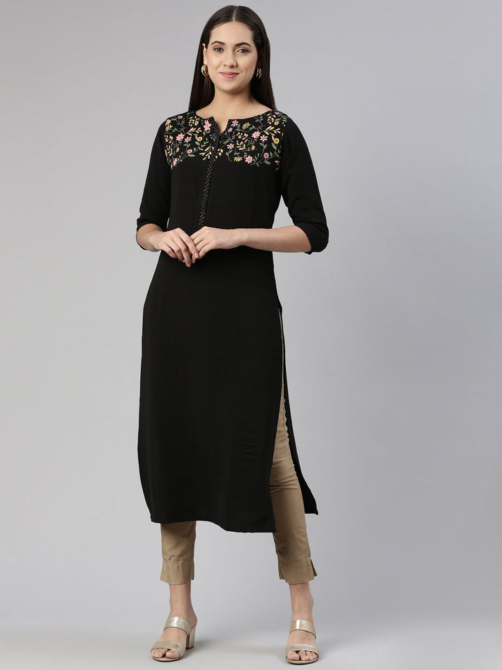 Neerus Black cotton printed kurti with floral yoke design - front view