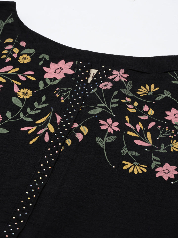 Neerus Black cotton printed kurti with floral yoke design - detail view 3