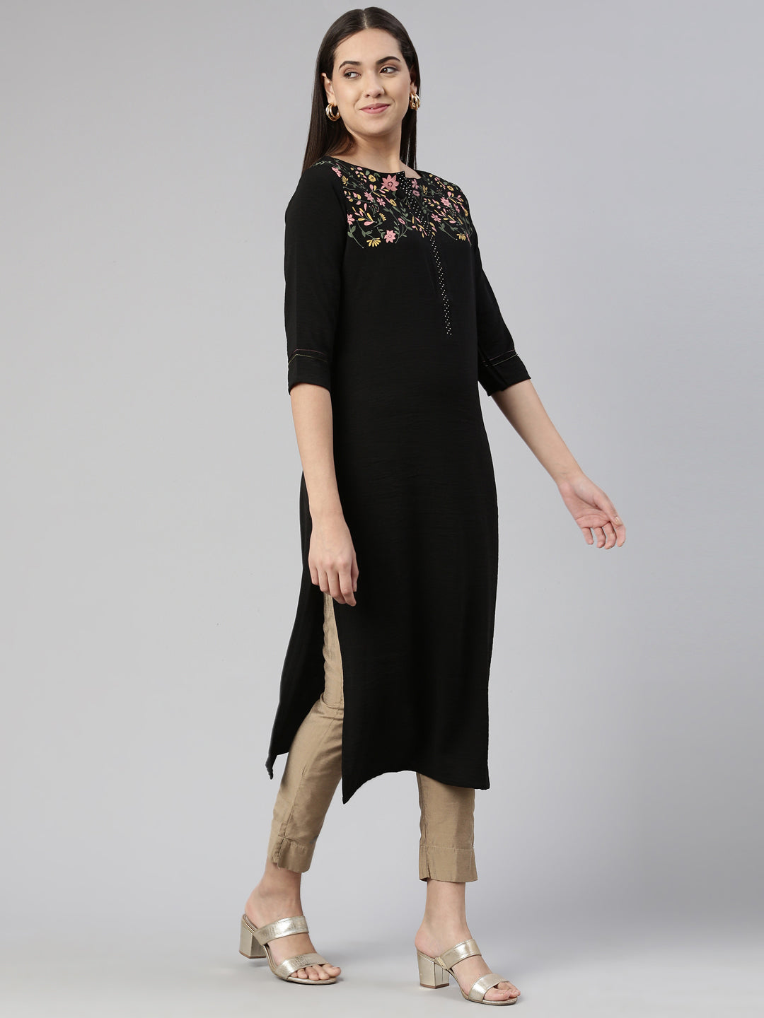 Neerus Black cotton printed kurti with floral yoke design - back view