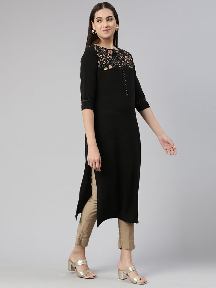 Neerus Black cotton printed kurti with floral yoke design - back view