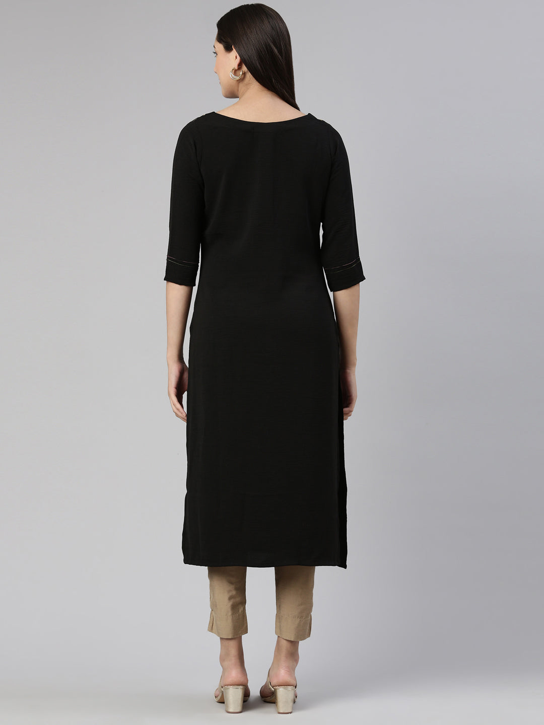 Neerus Black cotton printed kurti with floral yoke design - side view