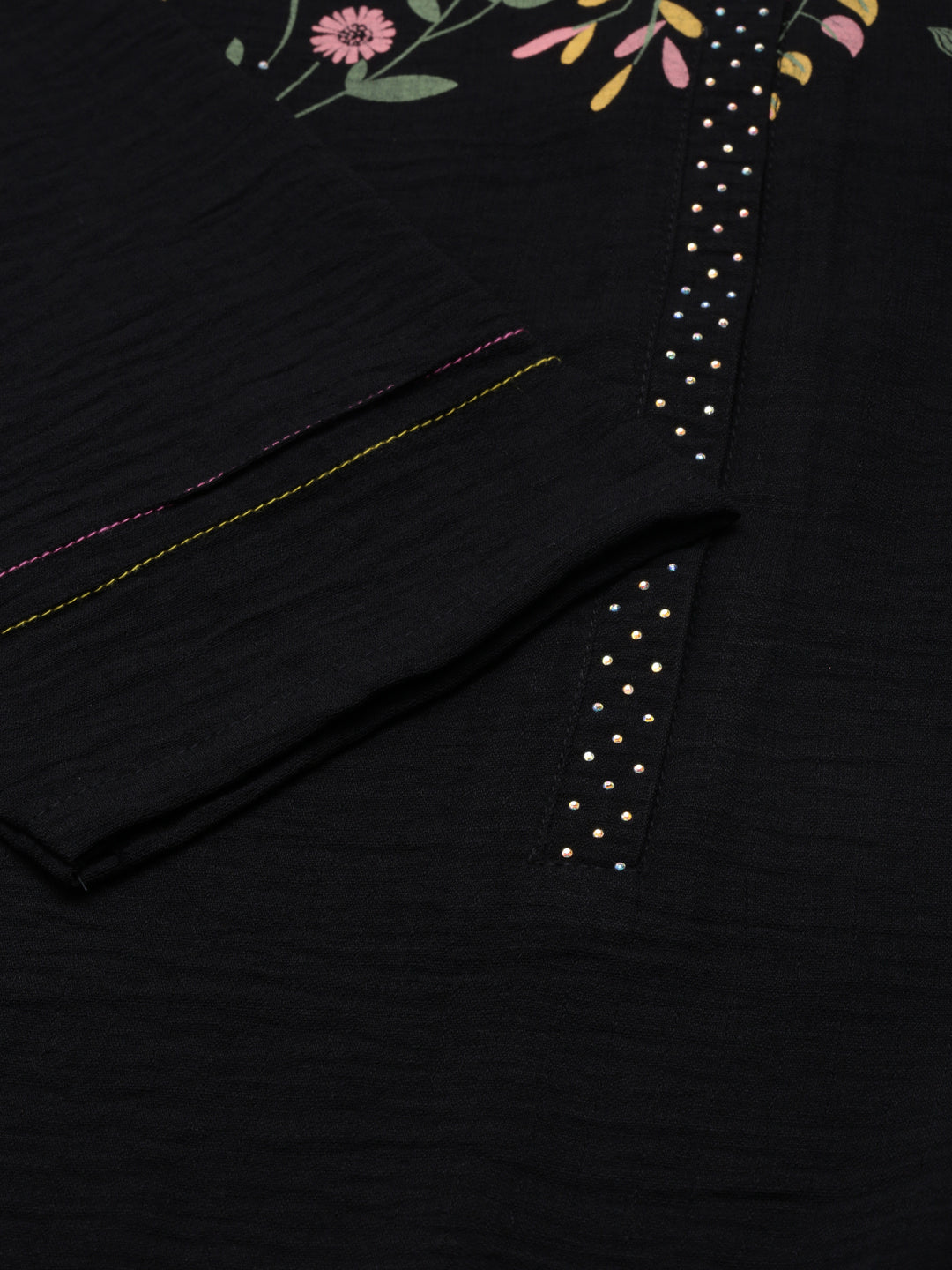Neerus Black cotton printed kurti with floral yoke design - detail view 2