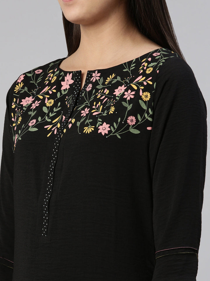 Neerus Black cotton printed kurti with floral yoke design - detail view 1