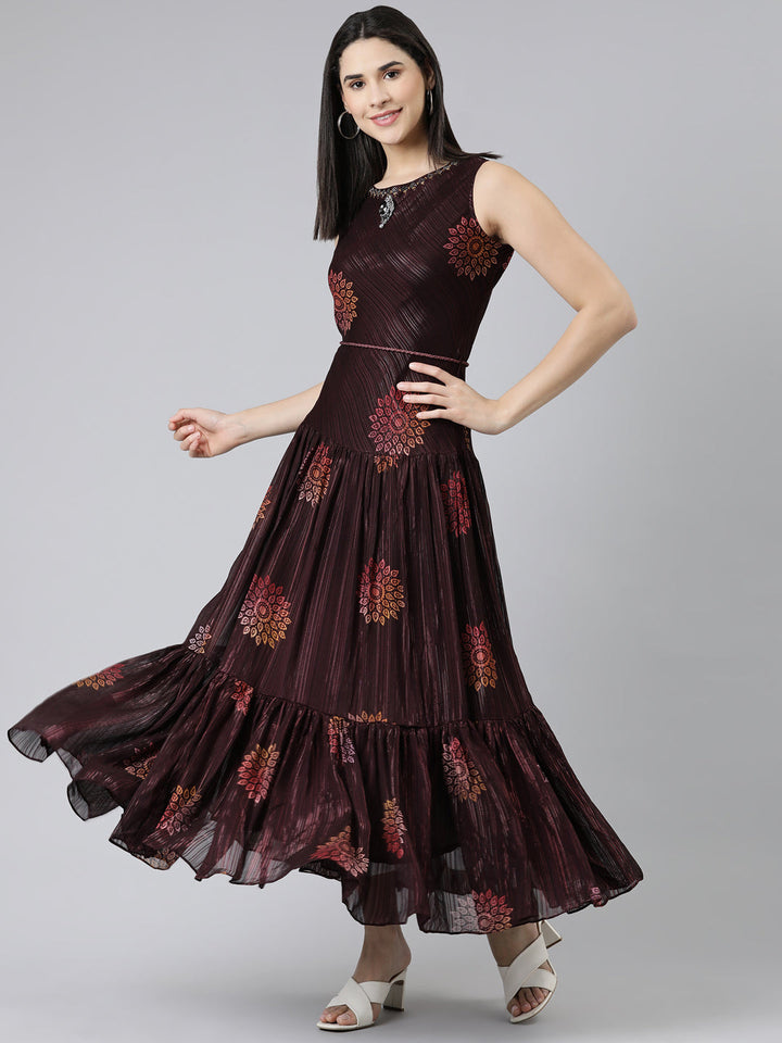 Neerus Maroon printed straight gown - front view