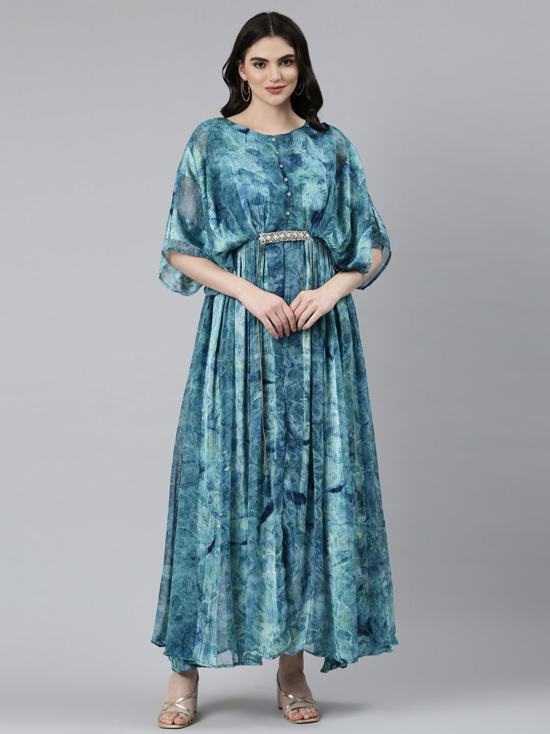 Neerus Green solid straight casual dress - front view