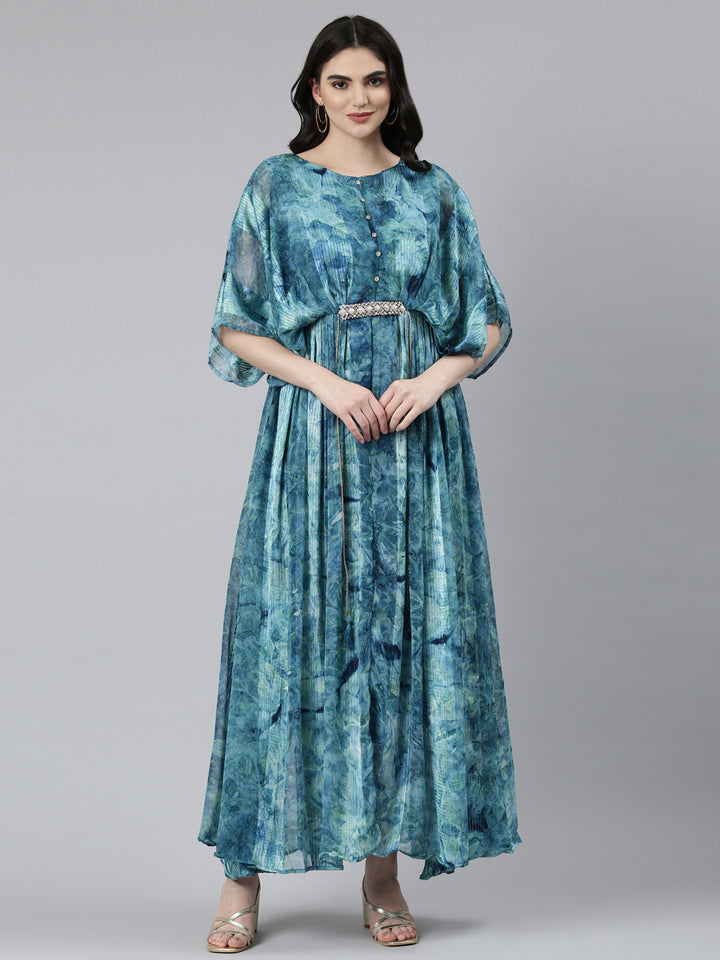 Neerus Green solid straight casual dress - front view
