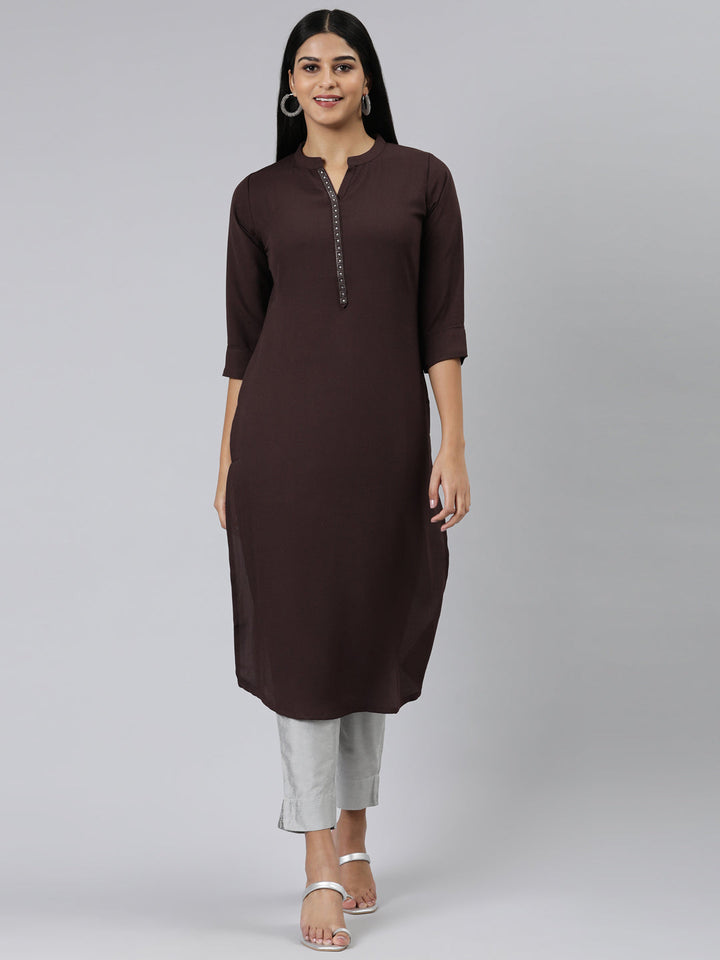 Neerus Purple viscose rayon solid straight kurti - front view