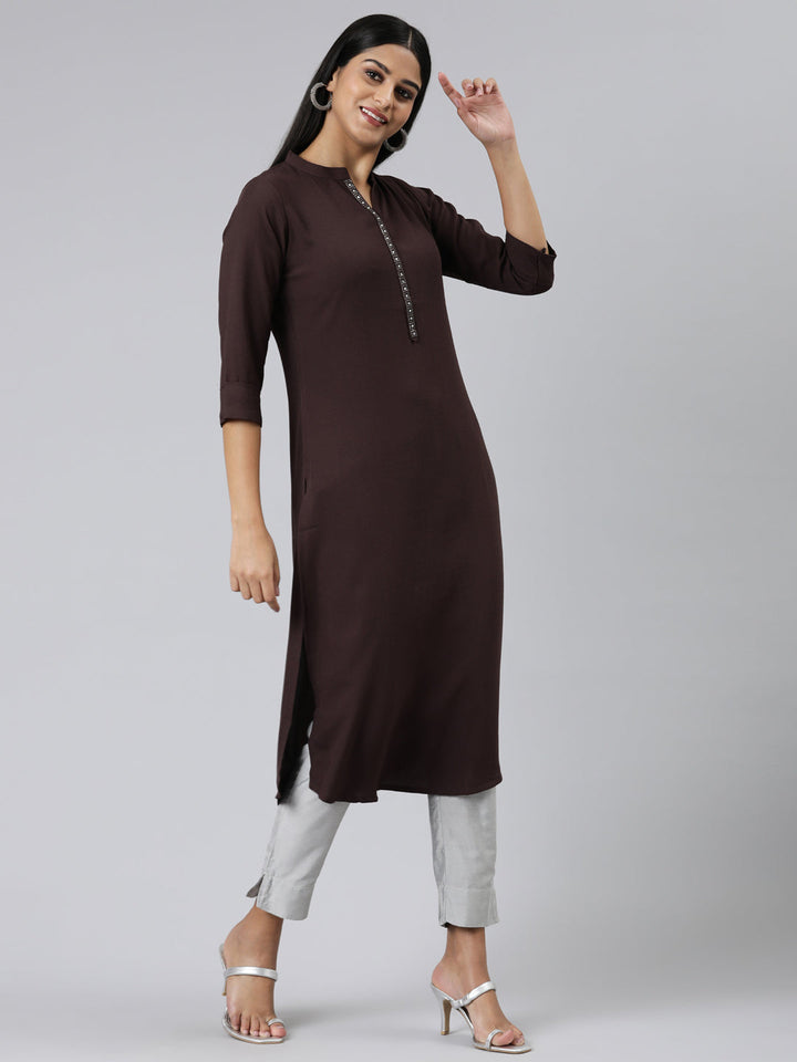 Neerus Purple viscose rayon solid straight kurti - back view