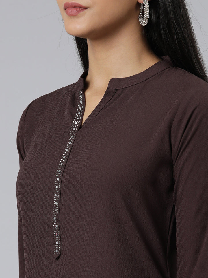 Neerus Purple viscose rayon solid straight kurti - detail view 1