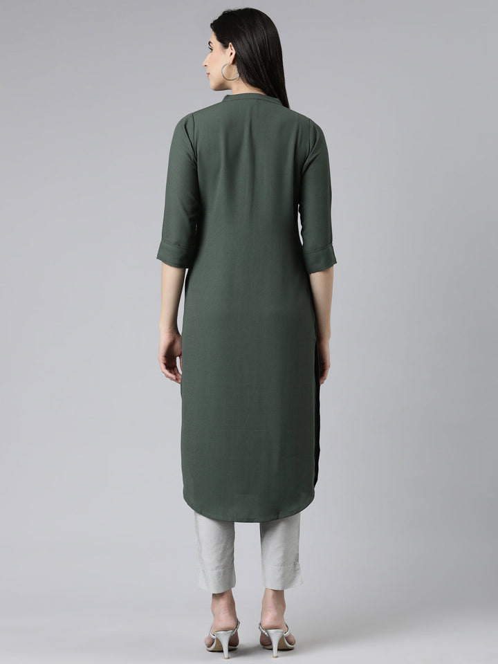 Neerus Green cotton embellished kurti mandarin collar - side view