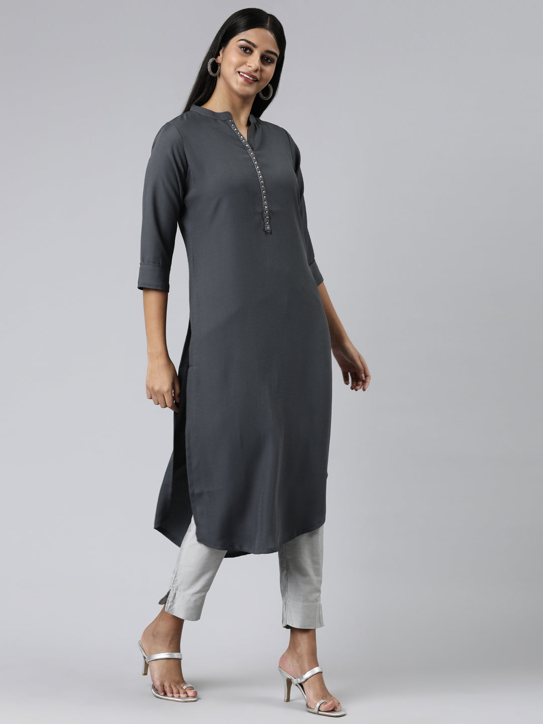 Neerus Grey viscose rayon solid straight kurti - back view