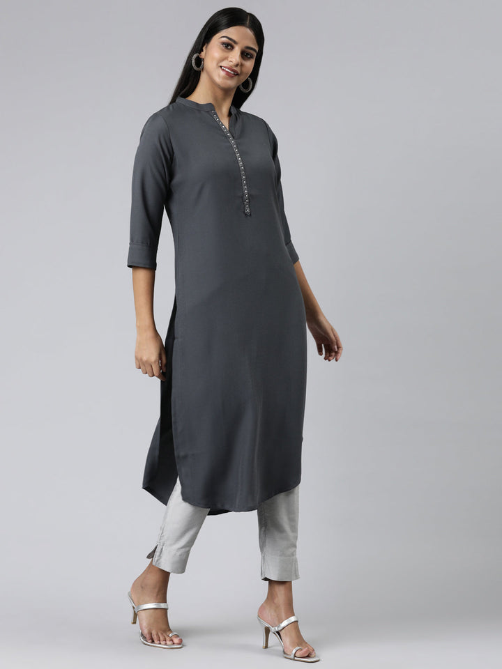 Neerus Grey viscose rayon solid straight kurti - back view