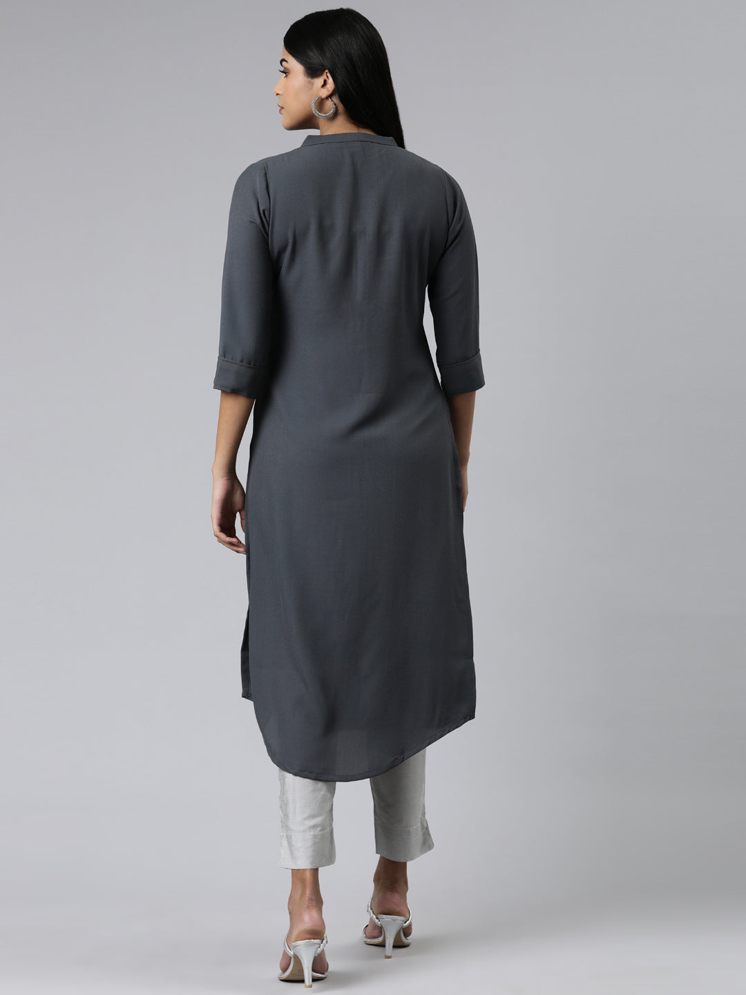 Neerus Grey viscose rayon solid straight kurti - side view