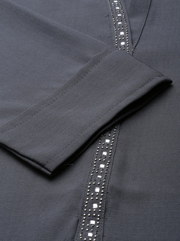 Neerus Grey viscose rayon solid straight kurti - detail view 2