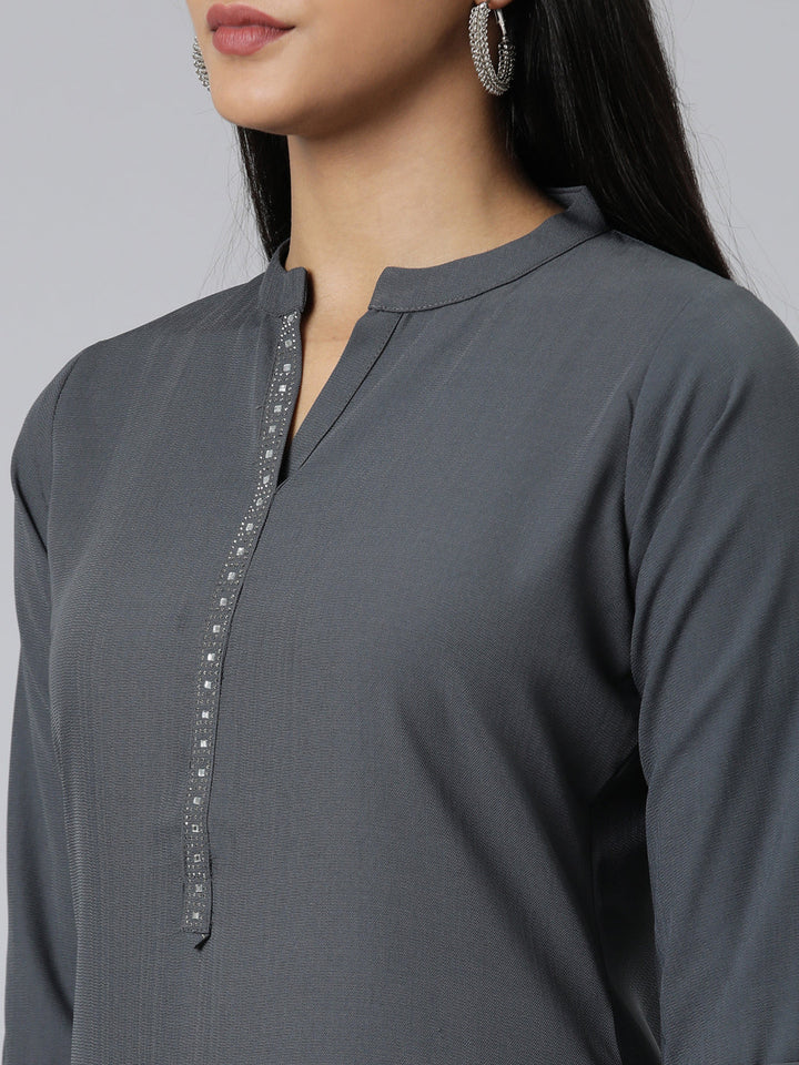 Neerus Grey viscose rayon solid straight kurti - detail view 1