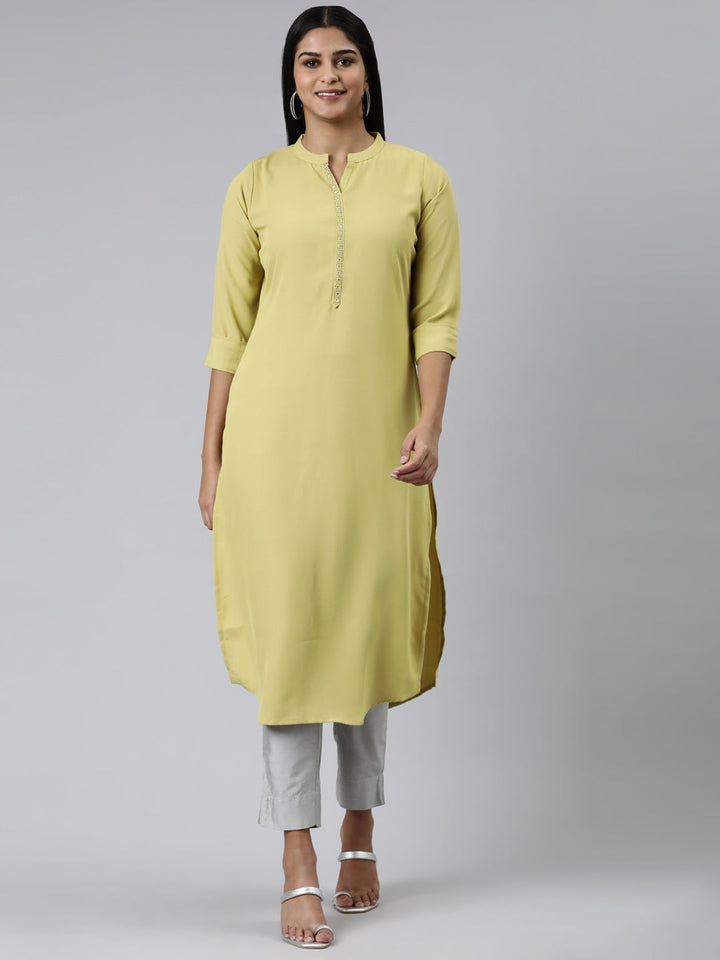 Neerus Green viscose rayon solid straight kurti - front view