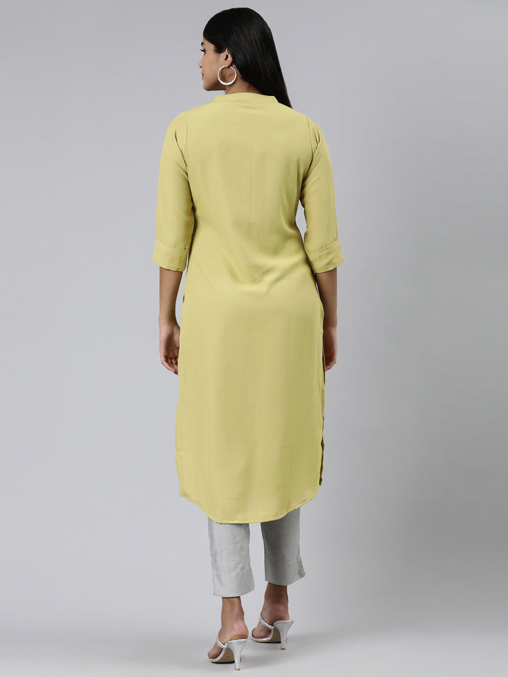 Neerus Green viscose rayon solid straight kurti - side view
