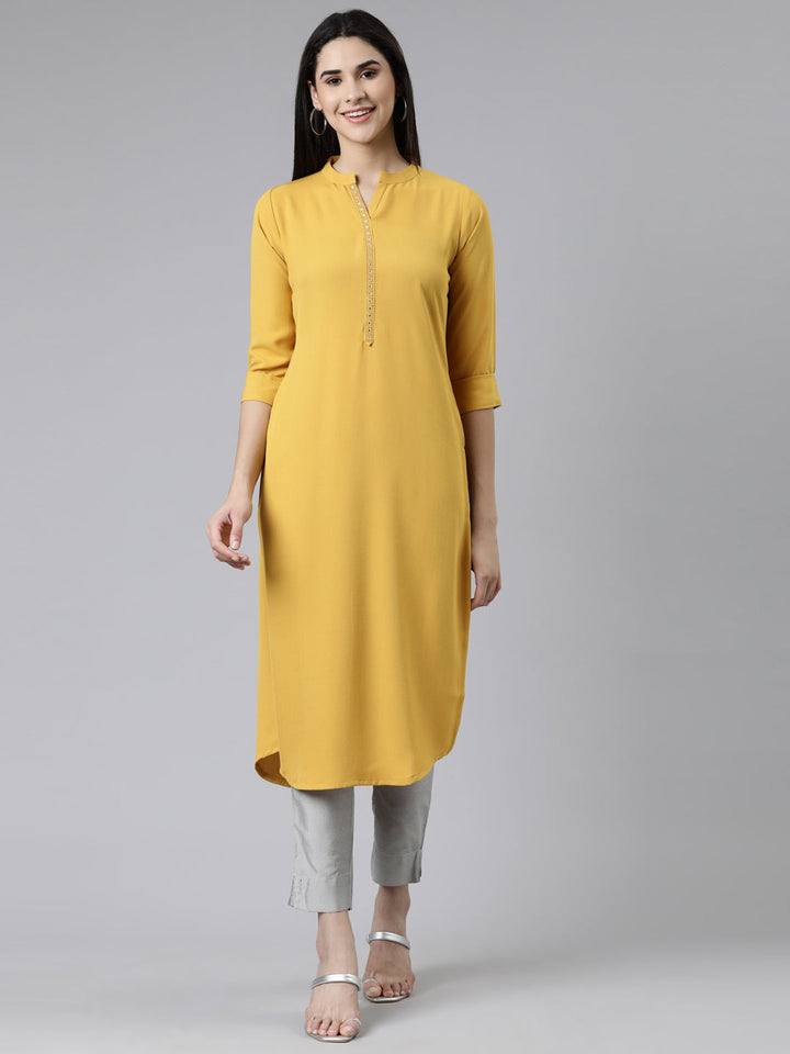 Neerus Yellow cotton embellished kurti mandarin collar - front view