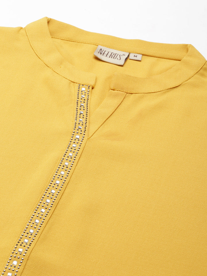 Neerus Yellow cotton embellished kurti mandarin collar - detail view 3