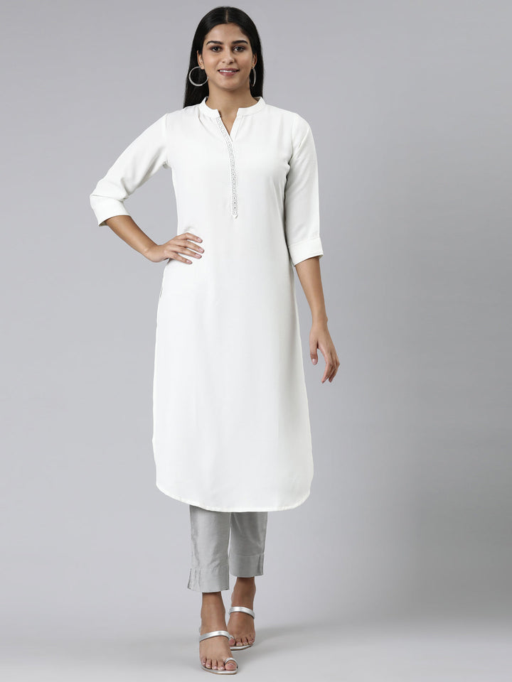 Neerus White viscose rayon solid straight kurti - front view