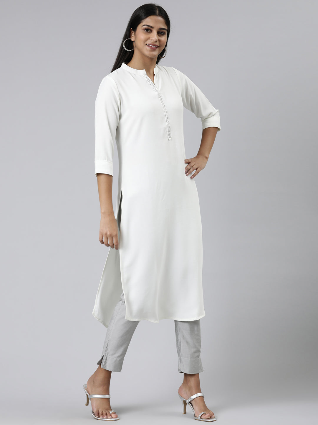 Neerus White viscose rayon solid straight kurti - back view