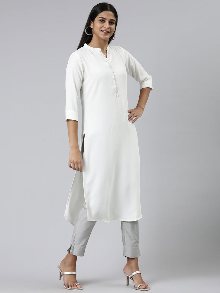 Neerus White viscose rayon solid straight kurti - back view
