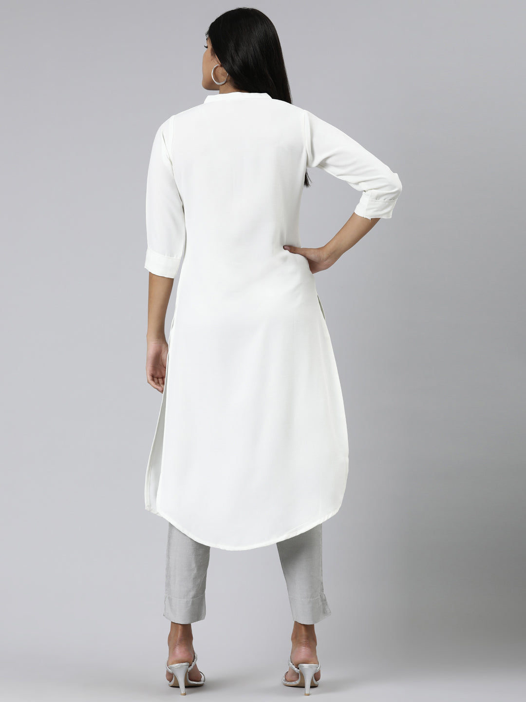Neerus White viscose rayon solid straight kurti - side view
