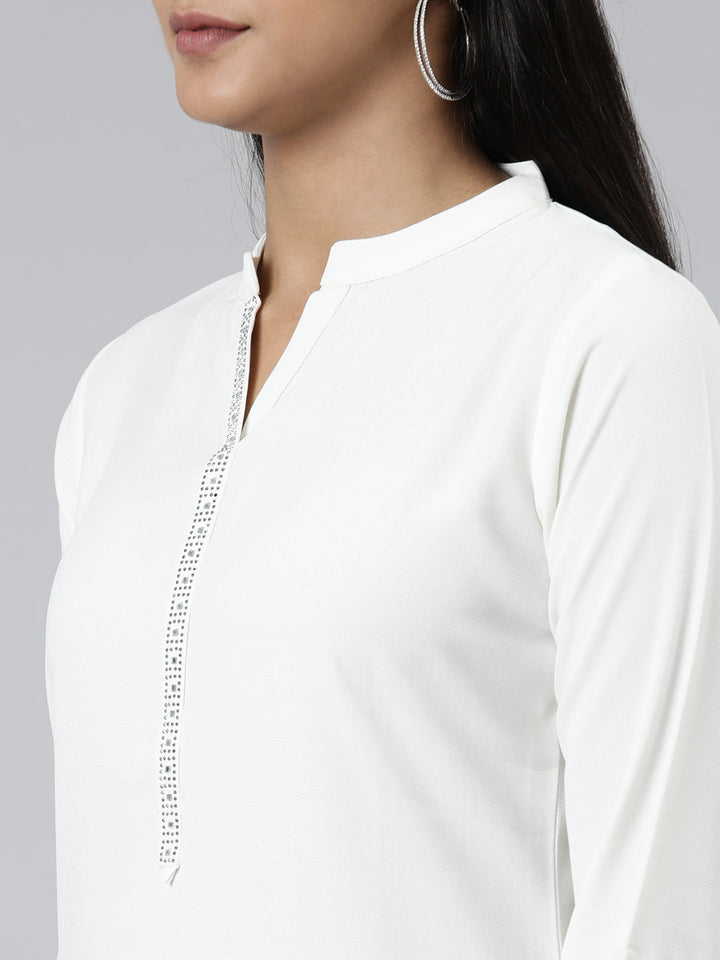 Neerus White viscose rayon solid straight kurti - detail view 1