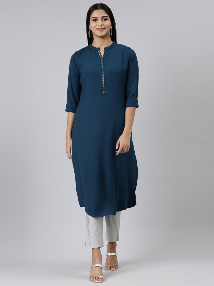 Neerus Green viscose rayon solid straight kurti - front view