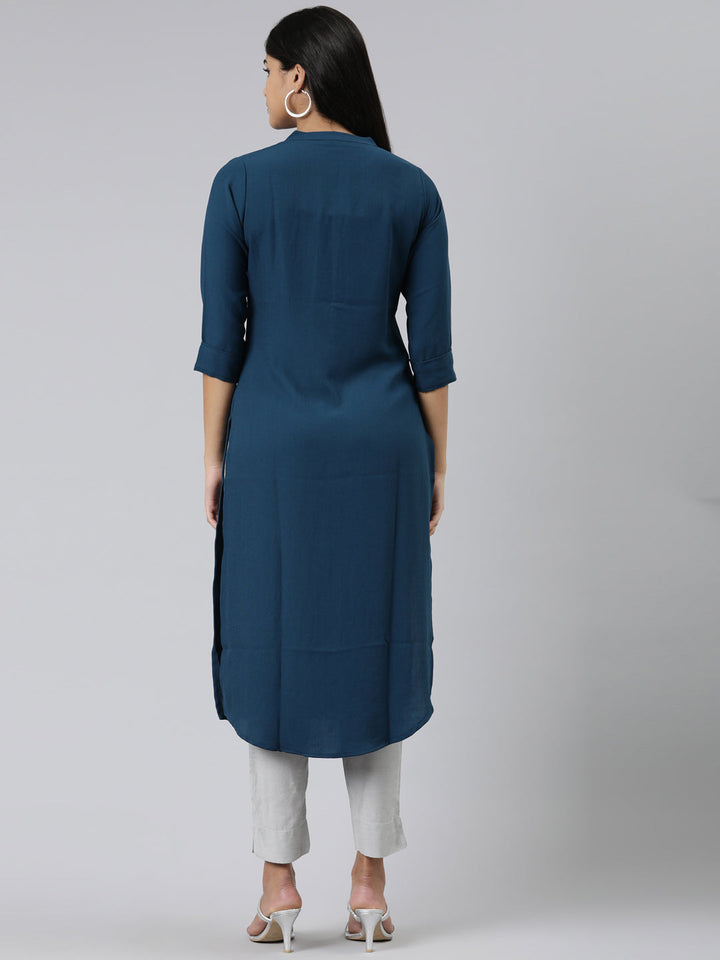 Neerus Green viscose rayon solid straight kurti - side view