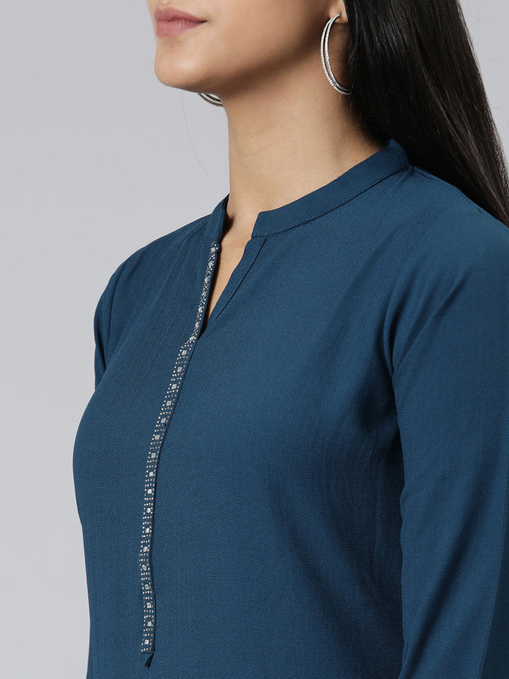 Neerus Green viscose rayon solid straight kurti - detail view 1