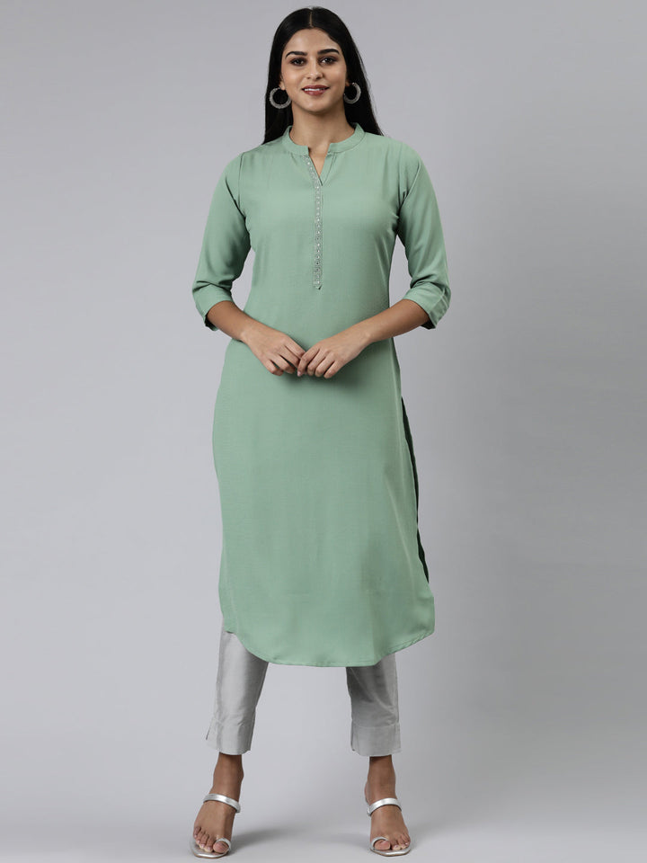 Neerus Green viscose rayon embellished kurti - front view