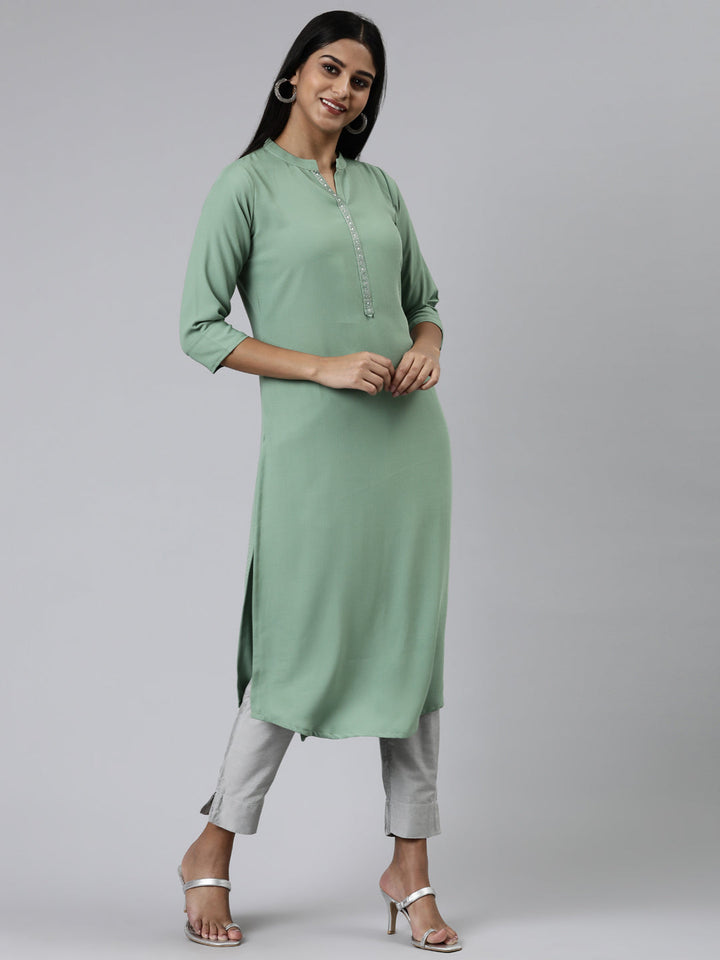 Neerus Green viscose rayon embellished kurti - back view