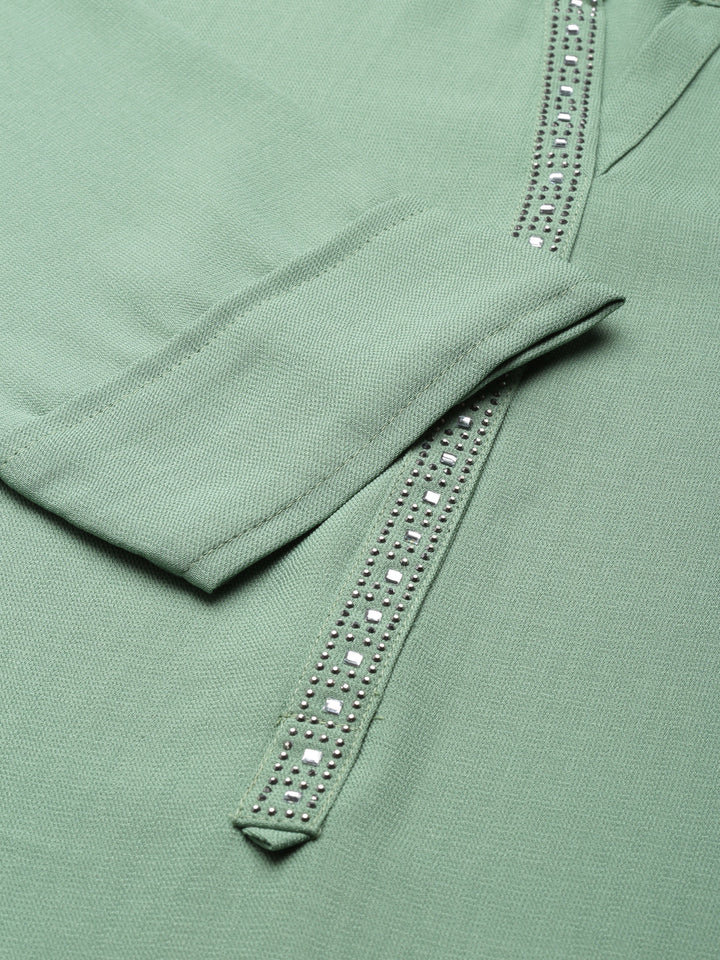 Neerus Green viscose rayon embellished kurti - detail view 2