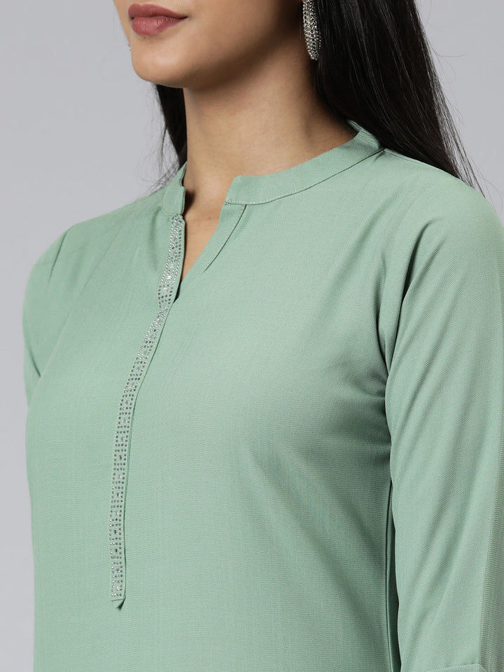 Neerus Green viscose rayon embellished kurti - detail view 1