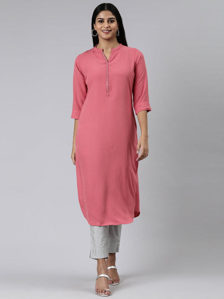 Neerus Pink viscose rayon solid straight kurti - front view