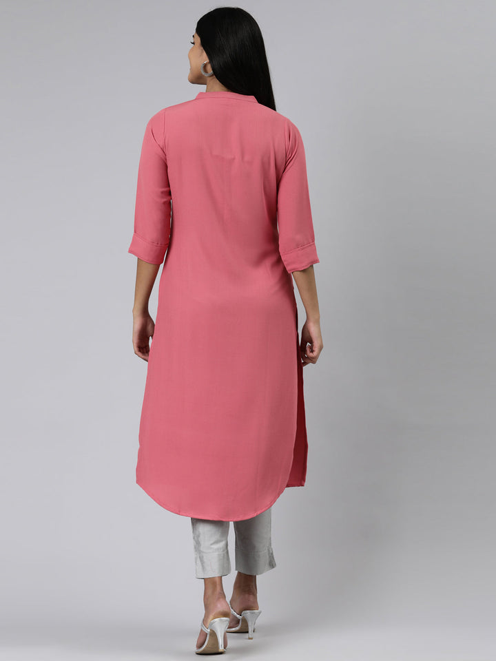 Neerus Pink viscose rayon solid straight kurti - side view