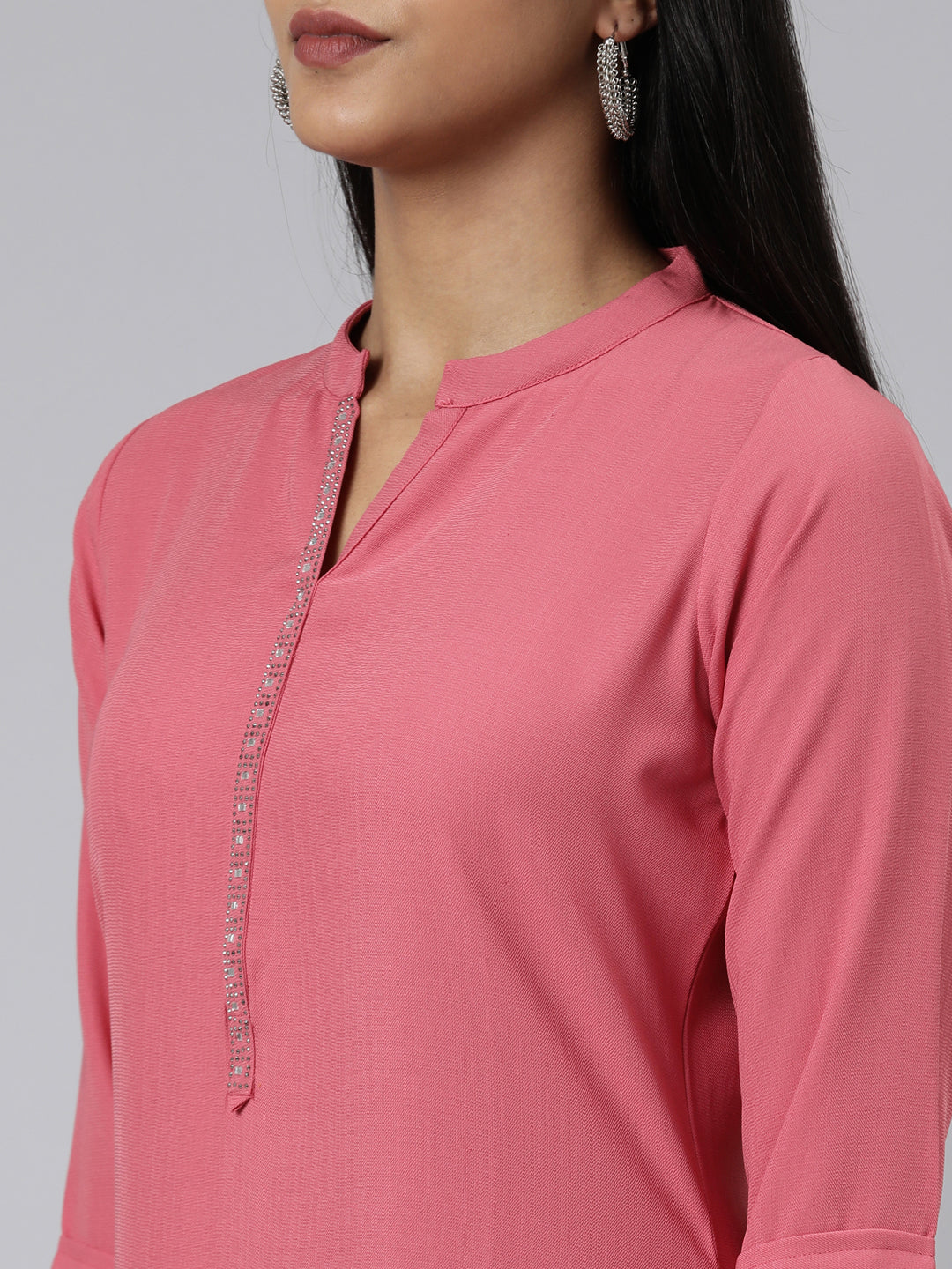 Neerus Pink viscose rayon solid straight kurti - detail view 2