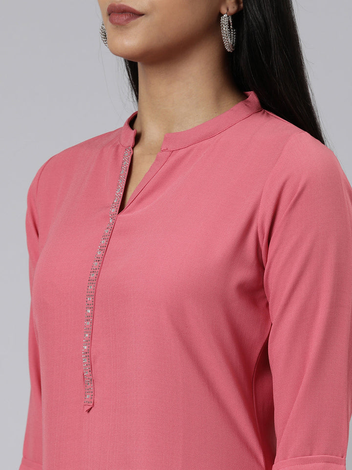 Neerus Pink viscose rayon solid straight kurti - detail view 2